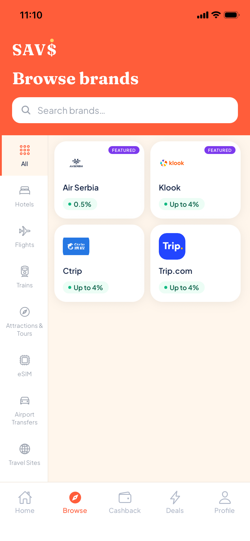SAVi app browse brands screen with cashback rates
