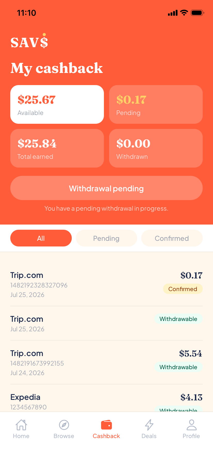 SAVi app cashback tracking screen showing earnings history