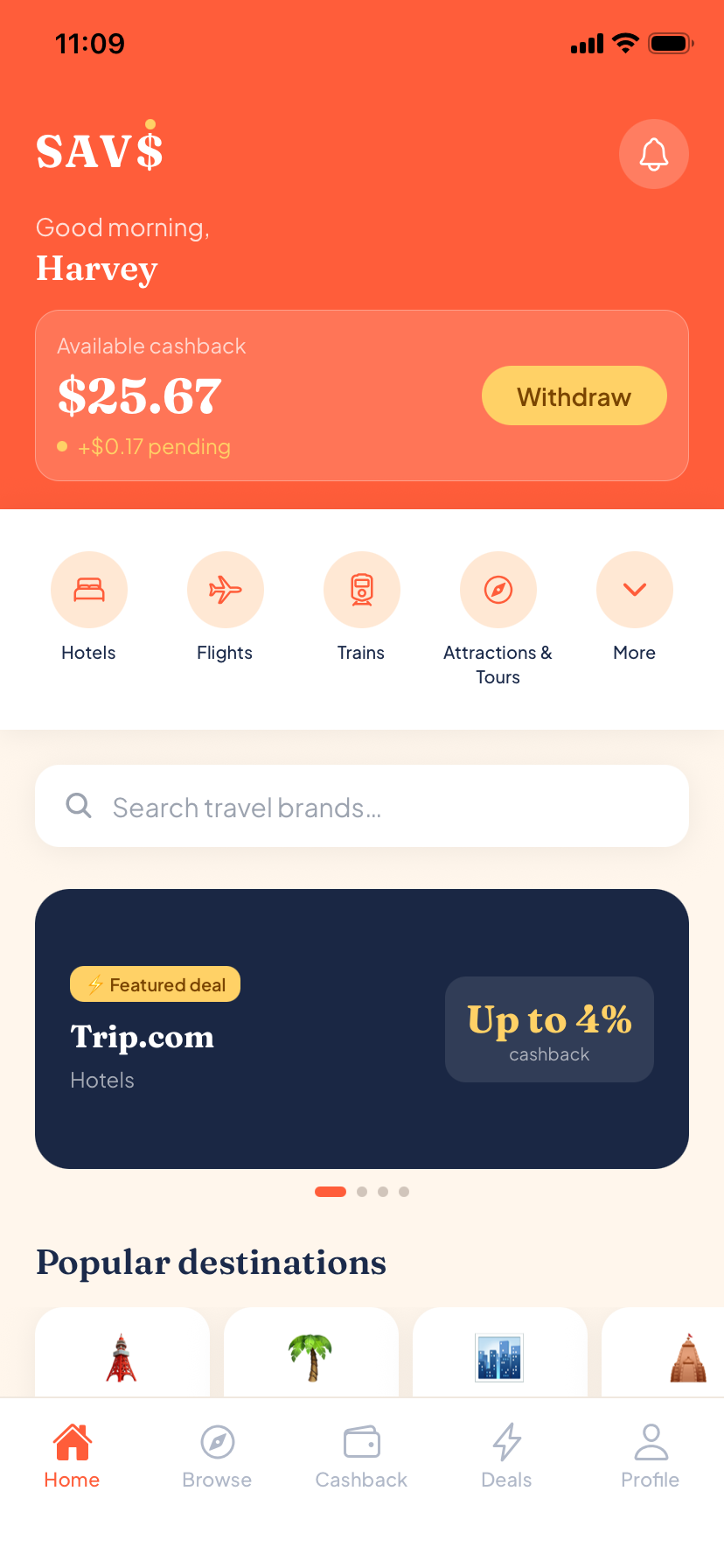 SAVi app home screen showing available cashback balance